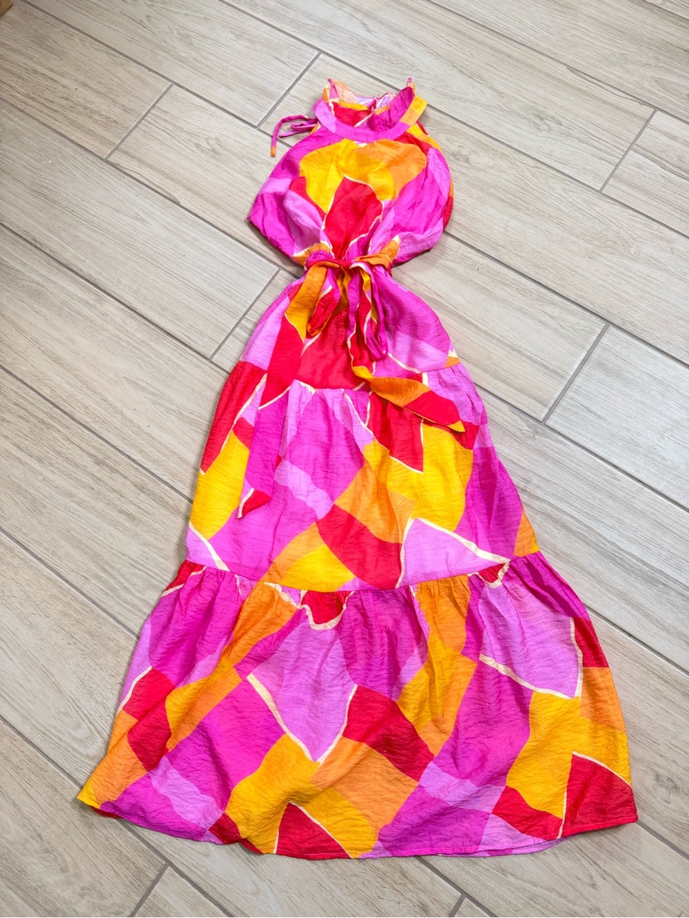 OTT Fuchsia Pink Halter Maxi Dress Cutout Tiered Boho Tropical Summer S